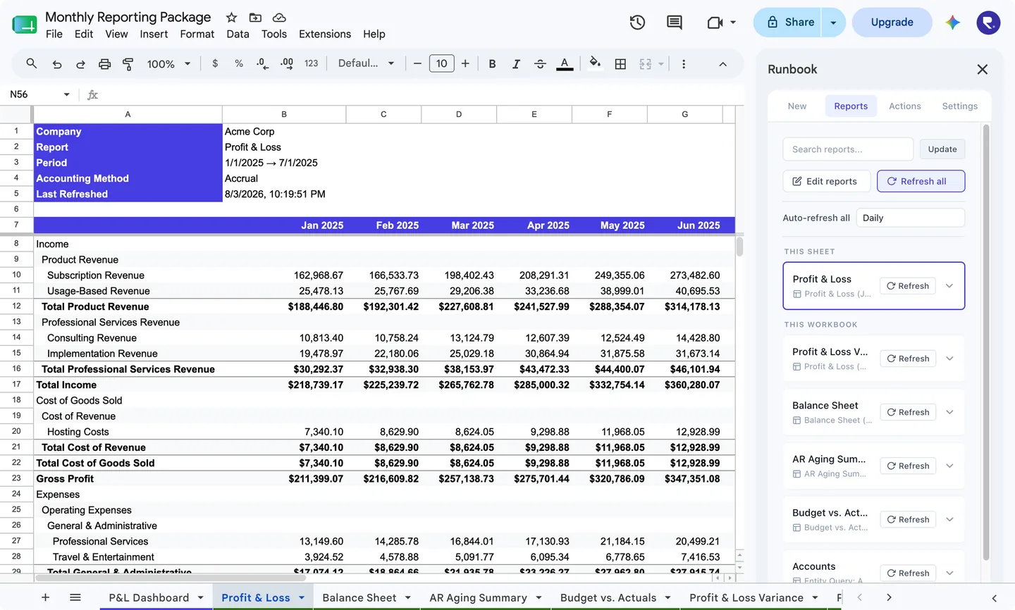 Runbook reporting in Google Sheets